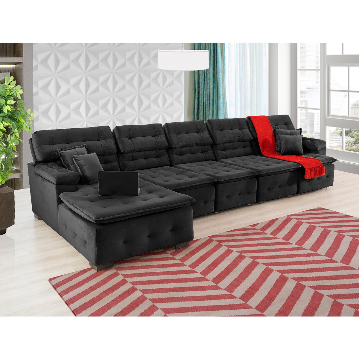 Sofá Orlando 4,20x1,50m com Chaise, Retrátil e Reclinável - Preto