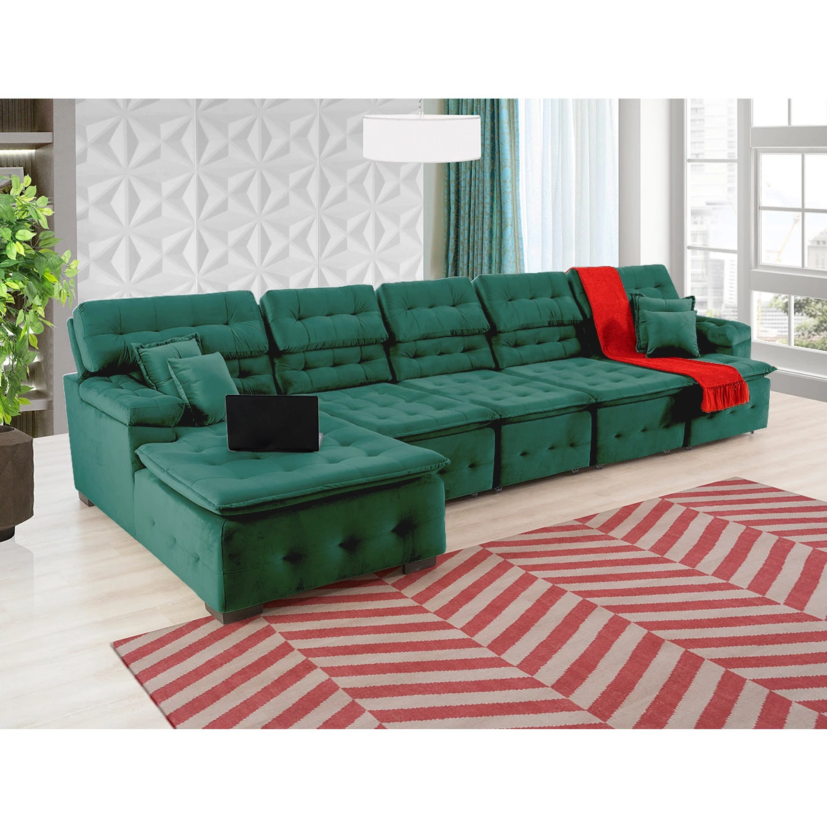 Sofá Orlando 4,20x1,90m com Chaise, Retrátil e Reclinável - Verde