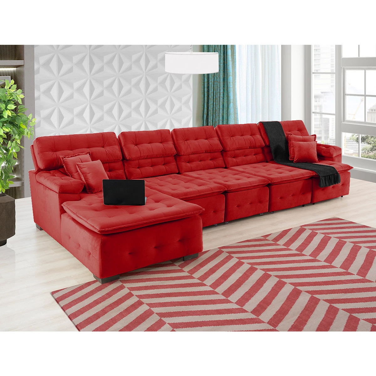 Sofá Orlando 4,20x2,10m com Chaise, Retrátil e Reclinável - Vermelho