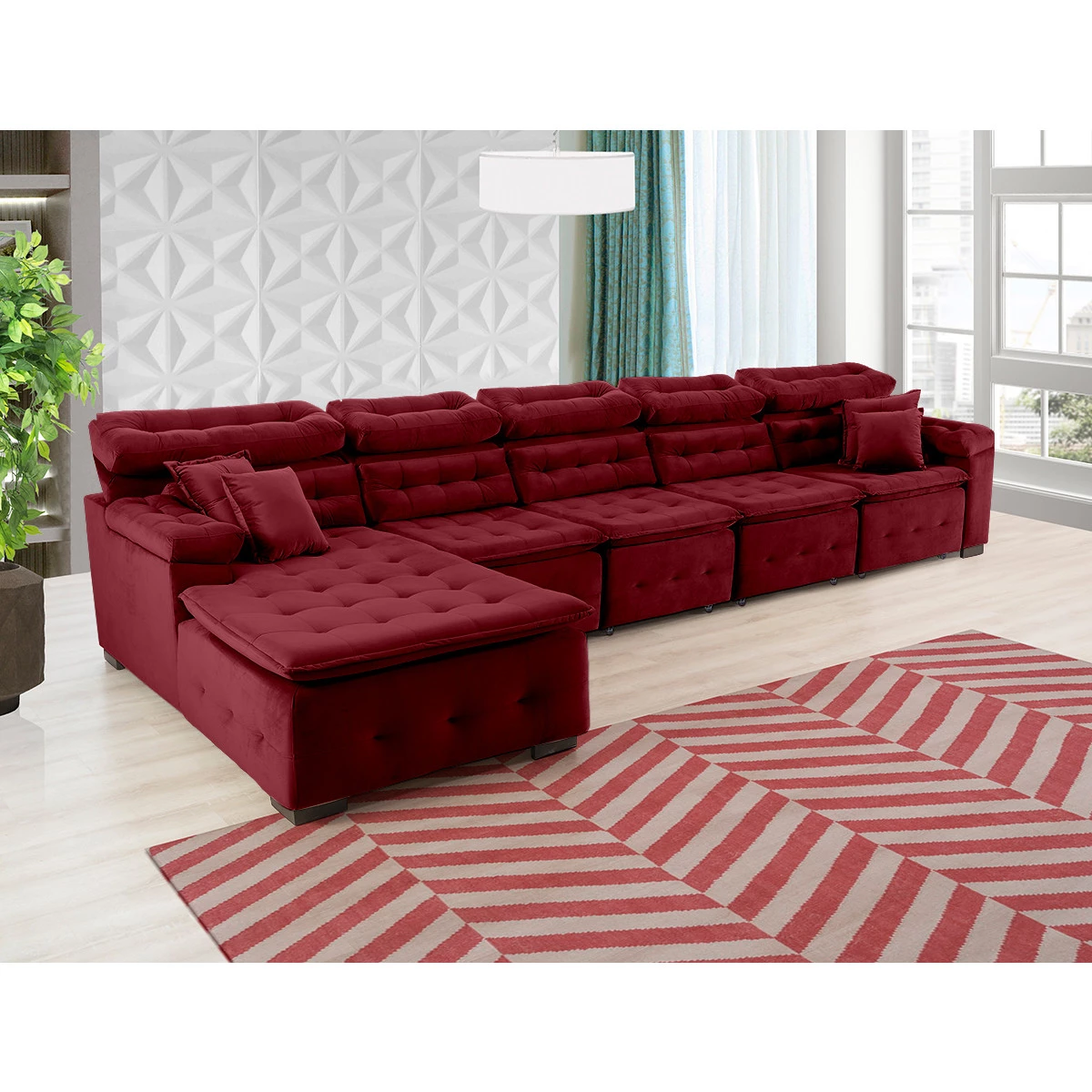 Sofá Orlando 4,20x1,70m com Chaise, Retrátil e Reclinável - Vinho