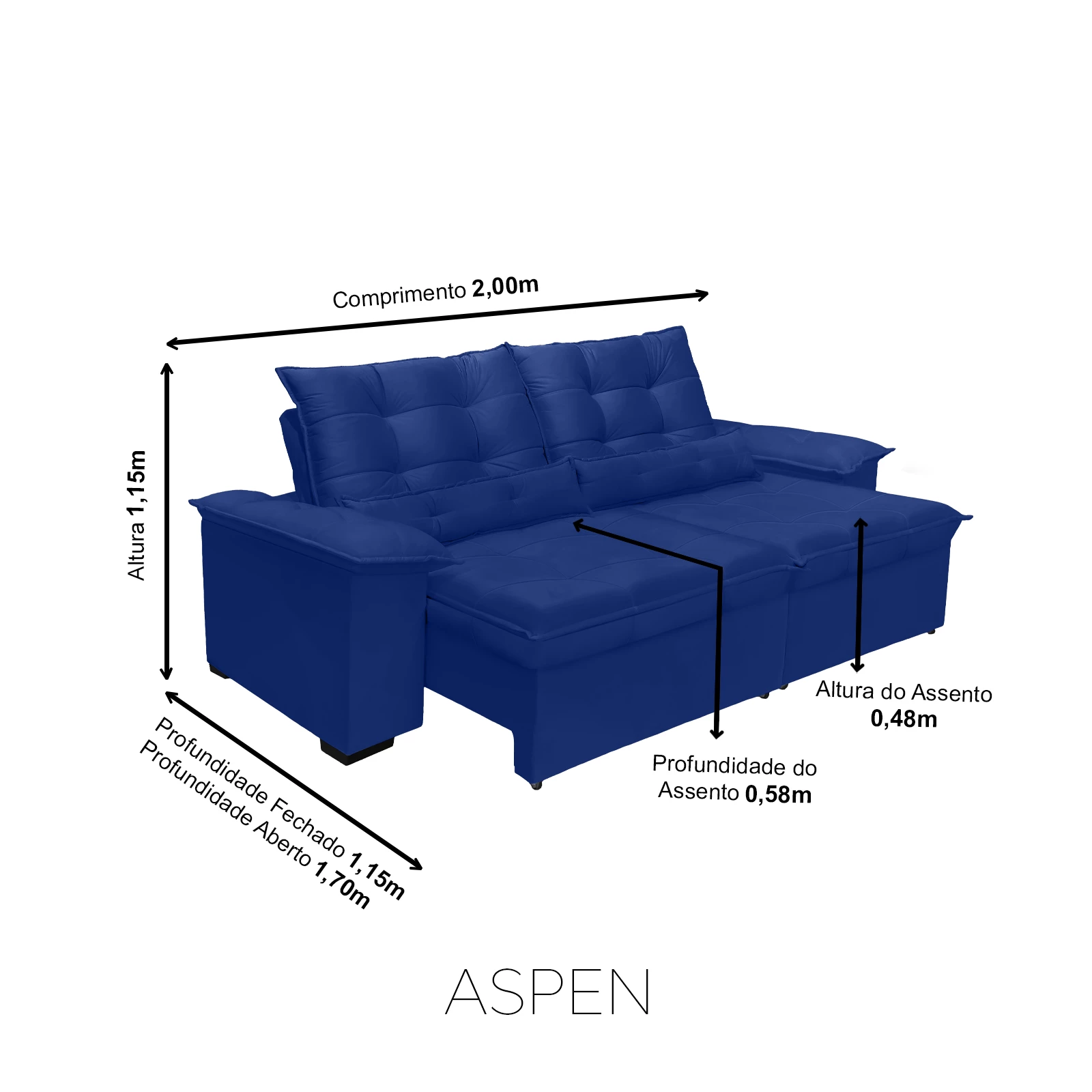 Sofá Retrátil e Reclinável Aspen 2,00m - Azul
