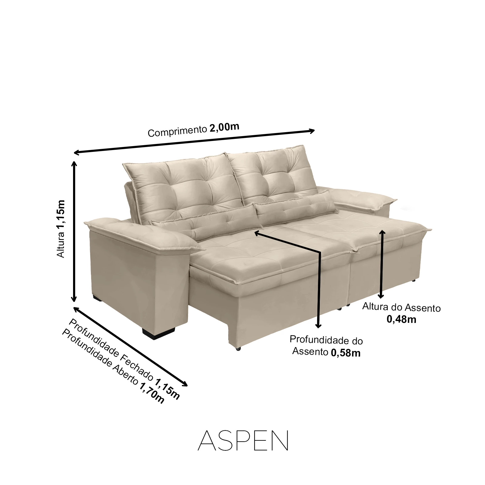 Sofá Retrátil e Reclinável Aspen 2,00m - Bege