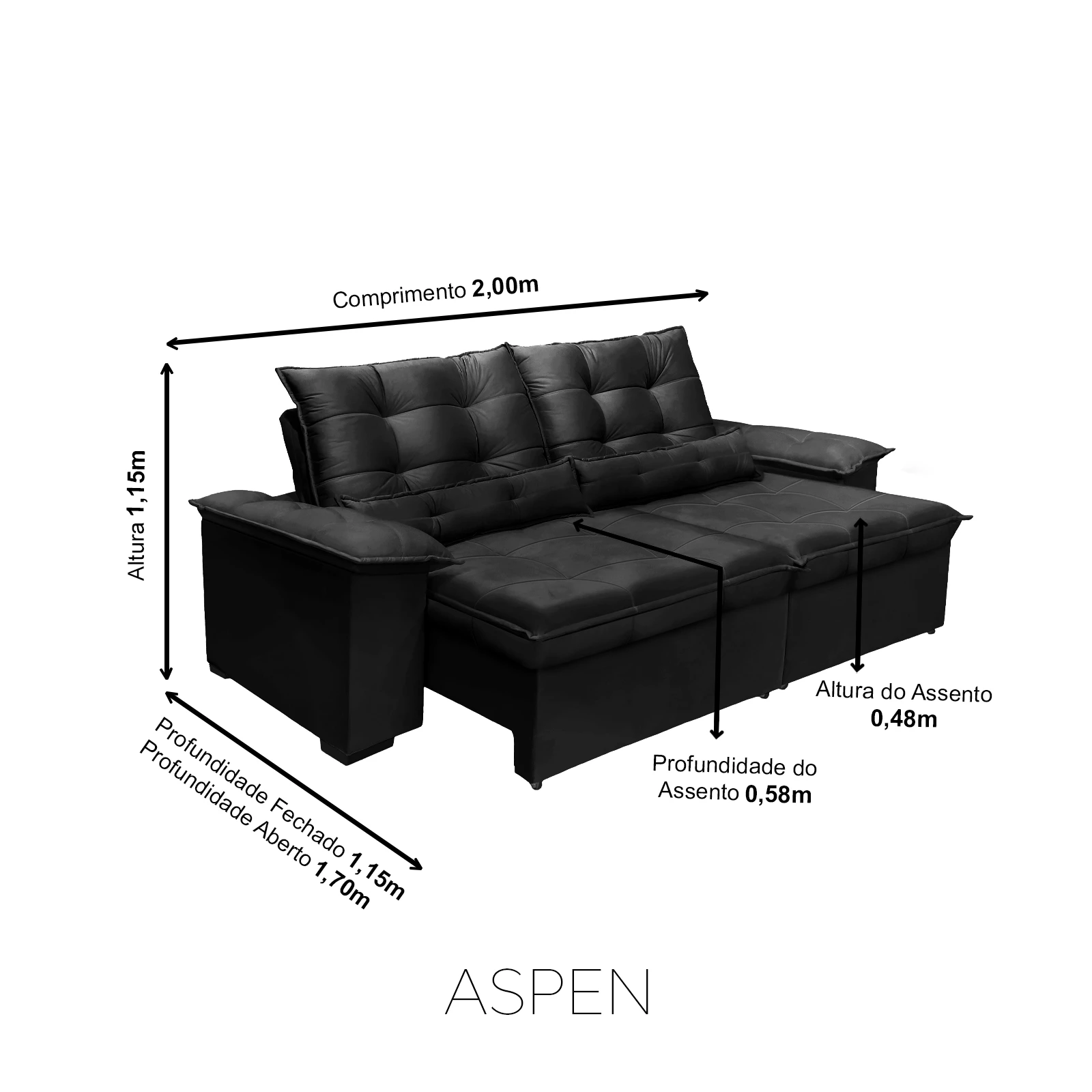Sofá Retrátil e Reclinável Aspen 2,00m - Preto 