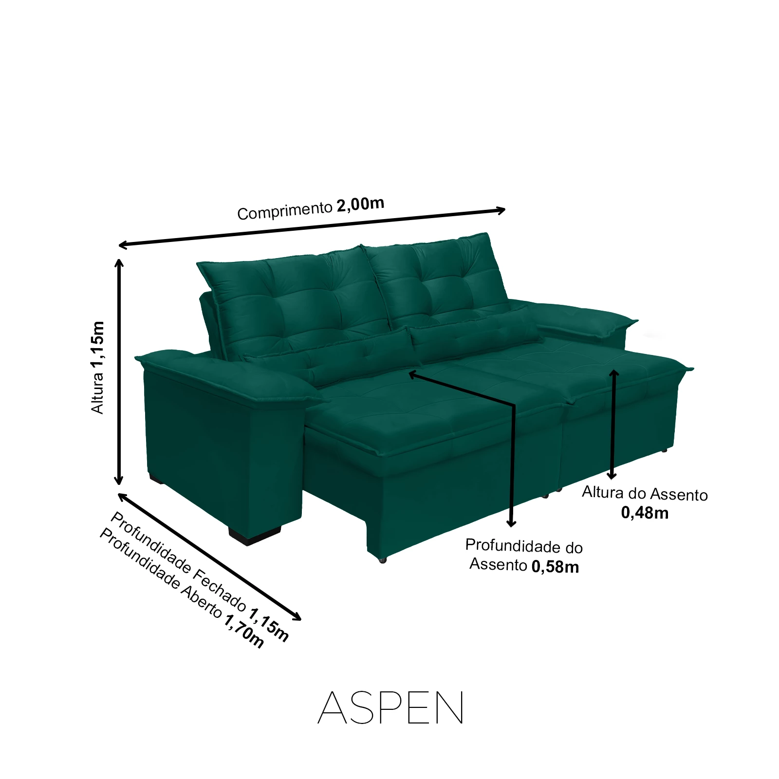 Sofá Retrátil e Reclinável Aspen 2,00m - Verde