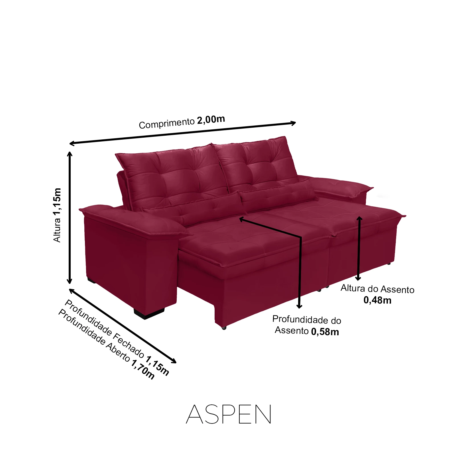 Sofá Retrátil e Reclinável Aspen 2,00m - Vinho