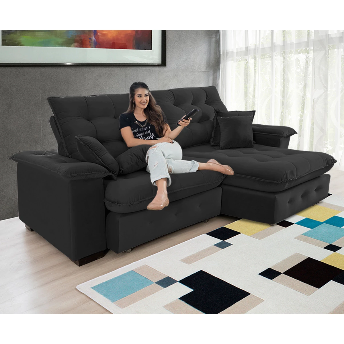 Sofá Coliseu 2,00m Retrátil e Reclinável Super Pillow  - Preto