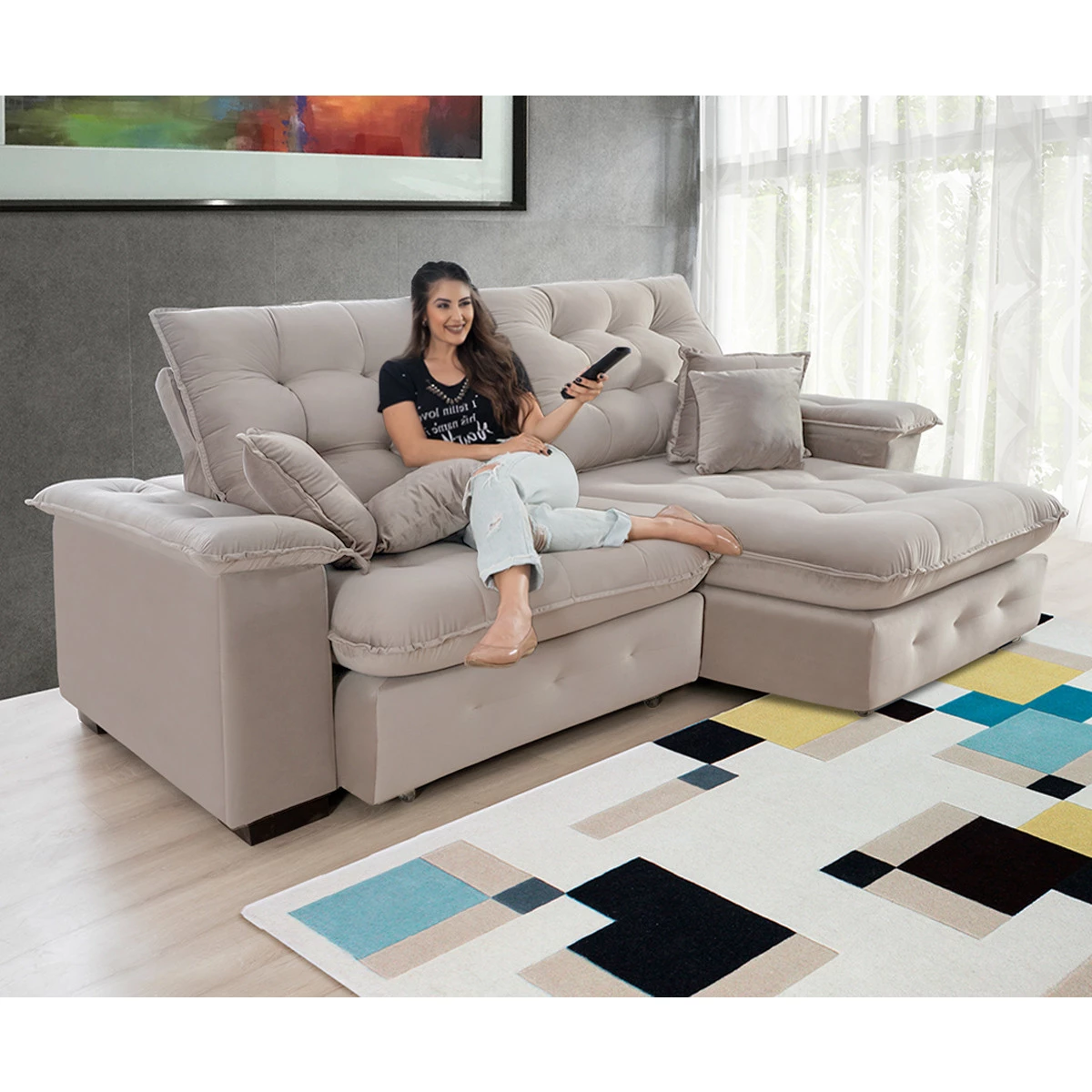 Sofá Coliseu 2,30m Retrátil e Reclinável Super Pillow - Avelã