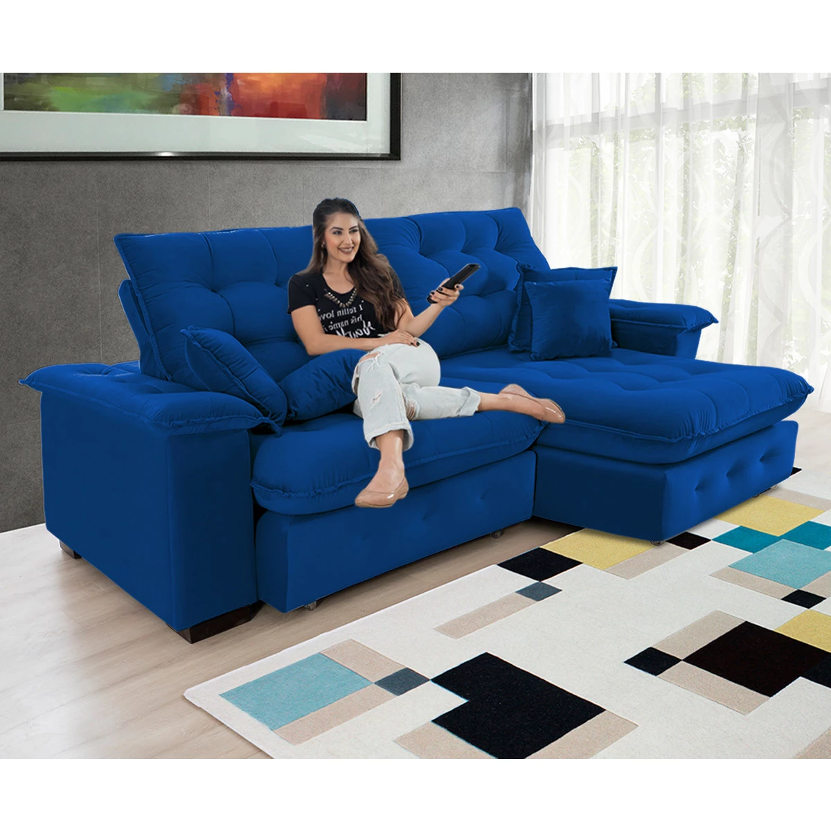 Sofá Coliseu 2,30m Retrátil e Reclinável Super Pillow - Azul