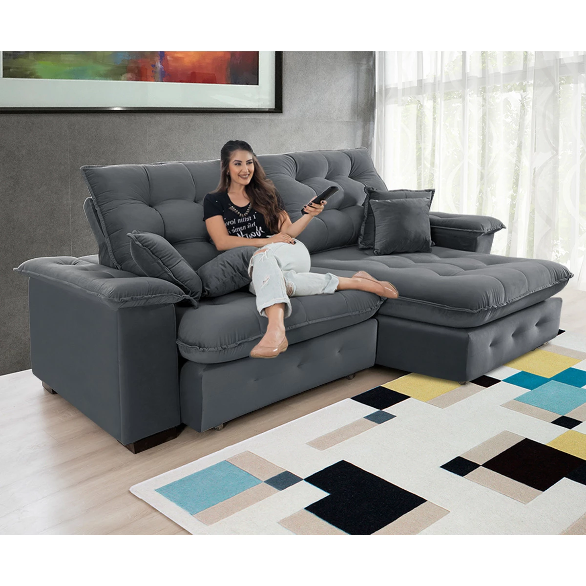 Sofá Coliseu 2,30m Retrátil e Reclinável Super Pillow - Chumbo