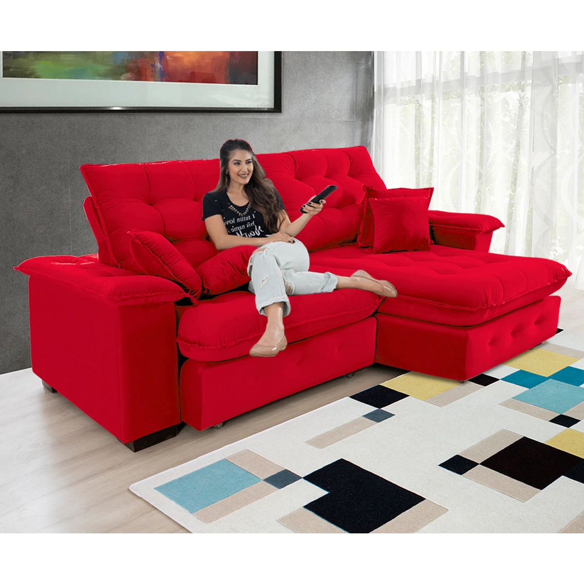 Sofá Coliseu 2,30m Retrátil e Reclinável Super Pillow - Vermelho