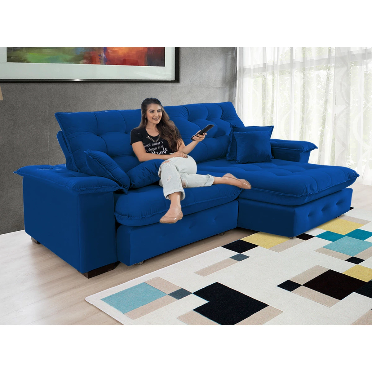 Sofá Coliseu 2,60m Retrátil e Reclinável Super Pillow - Azul