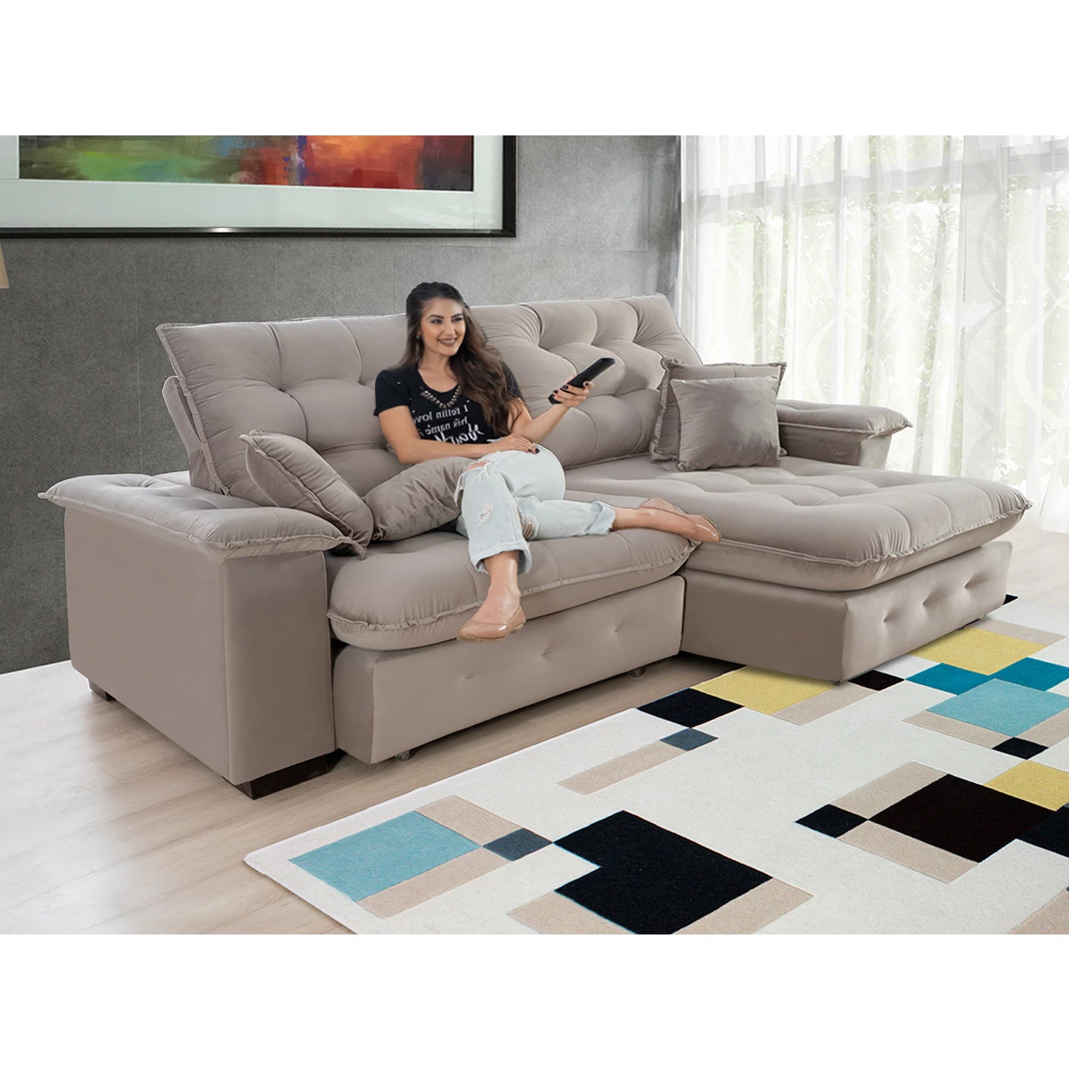 Sofá Coliseu 2,60m Retrátil e Reclinável Super Pillow - Avelã