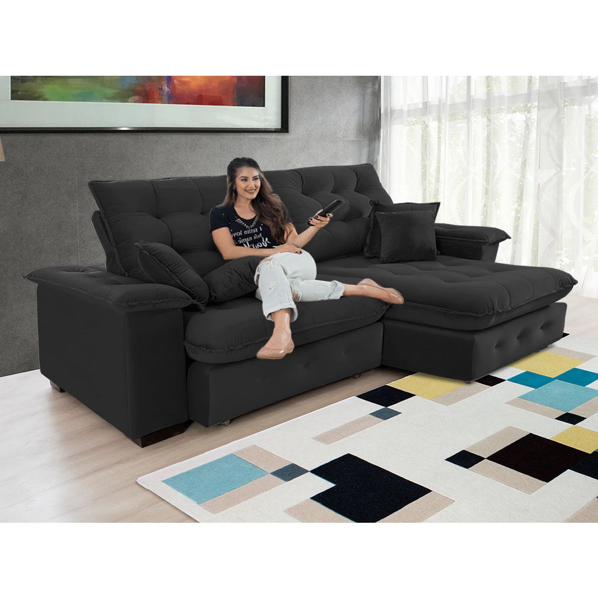 Sofá Coliseu 2,60m Retrátil e Reclinável Super Pillow - Preto
