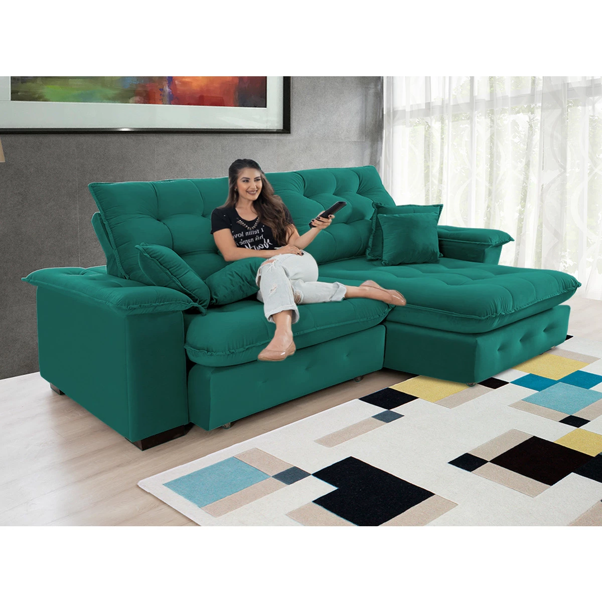 Sofá Coliseu 2,60m Retrátil e Reclinável Super Pillow - Verde