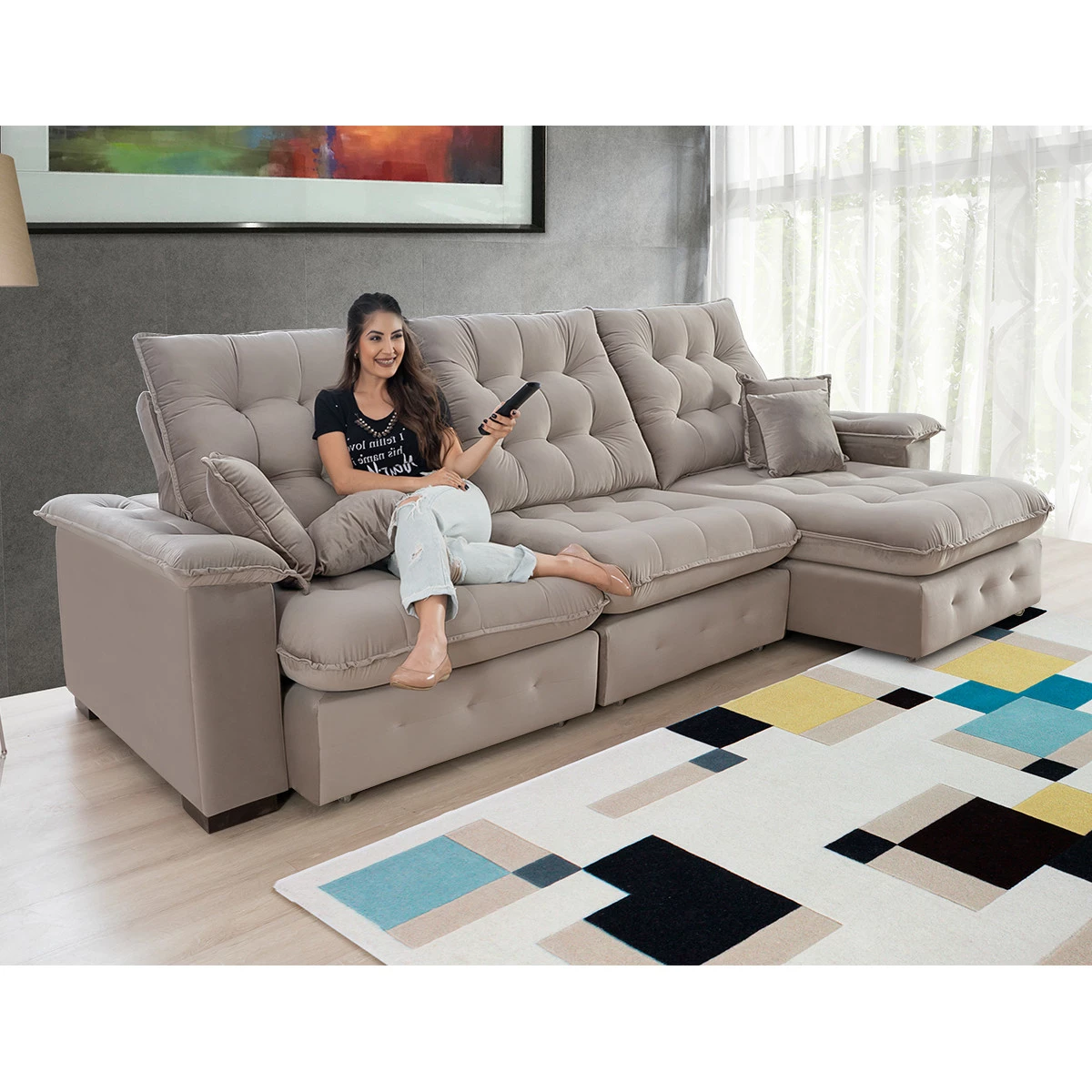 Sofá Coliseu Retrátil e Reclinável  2,90m Super Pillow - Avelã