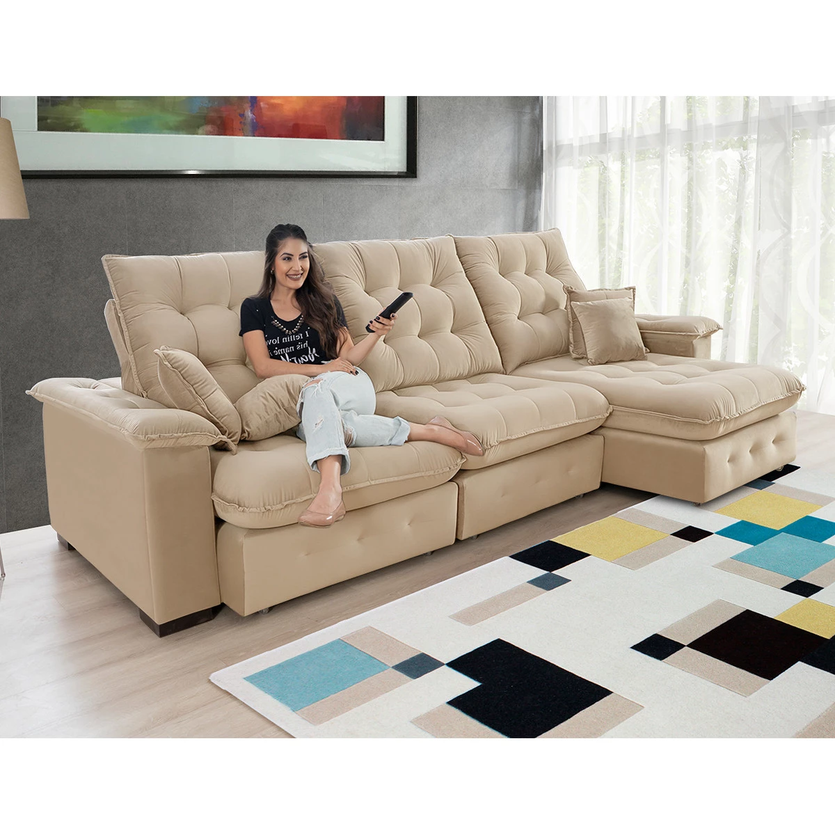 Sofá Retrátil e Reclinável 2,90m  Coliseu Super Pillow - Bege