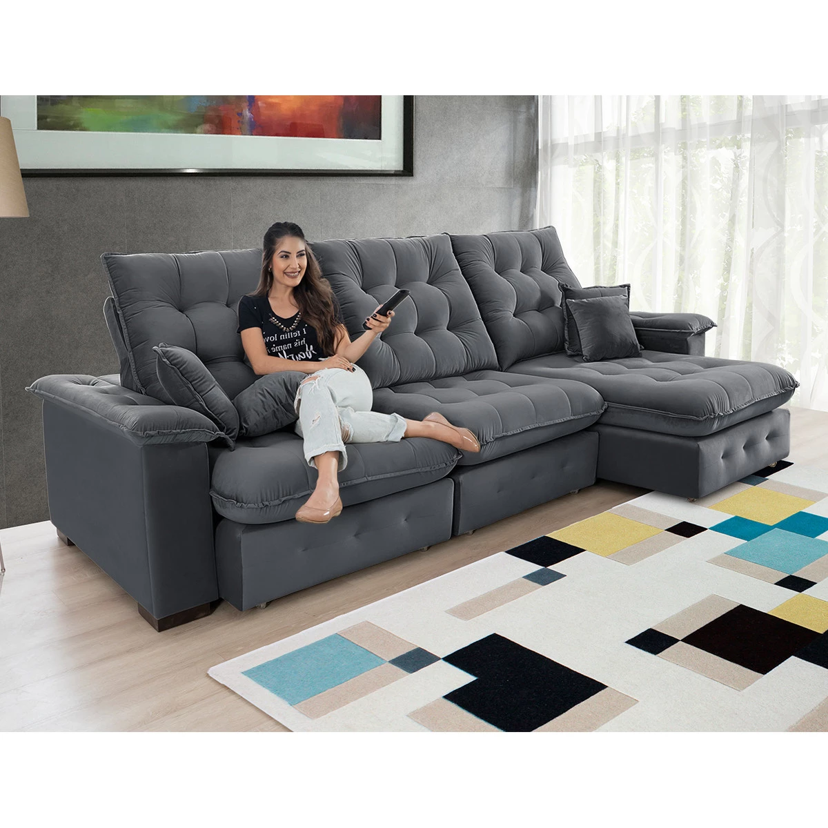 Sofá Retrátil e Reclinável  2,90m  Coliseu Super Pillow - Chumbo