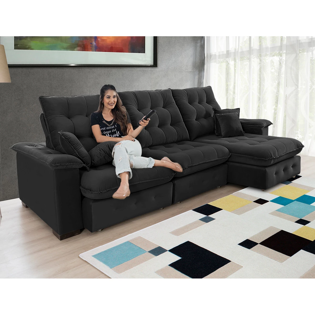 Sofá Retrátil e Reclinável  2,90m  Coliseu Super Pillow - Preto
