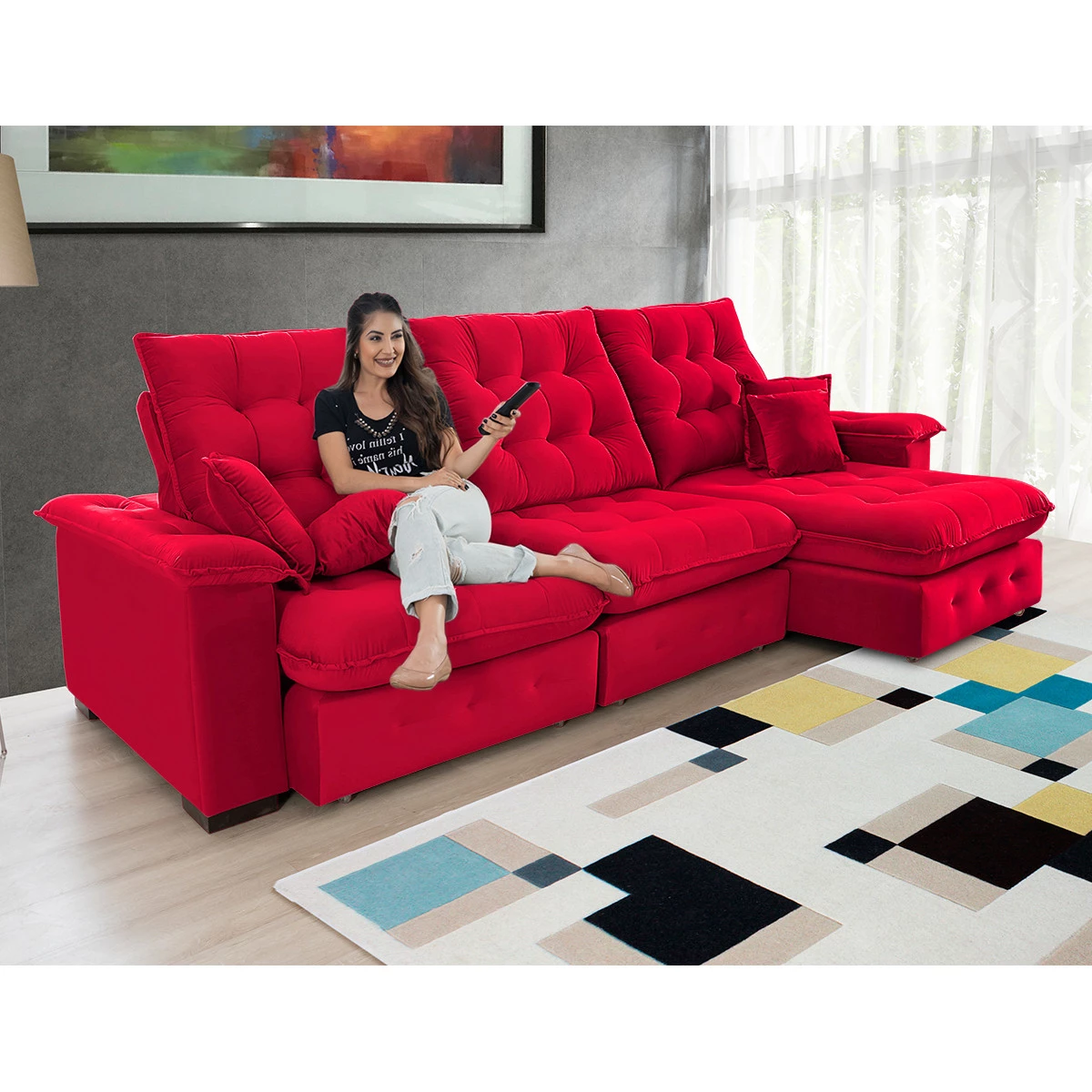 Sofá Retrátil e Reclinável  2,90m Coliseu  Super Pillow - Vermelho