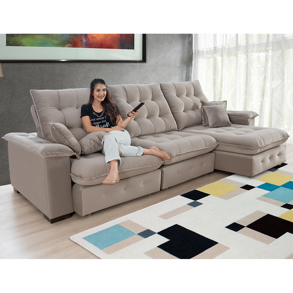 Sofá Coliseu 3,10m Retrátil e Reclinável Super Pillow - Avelã