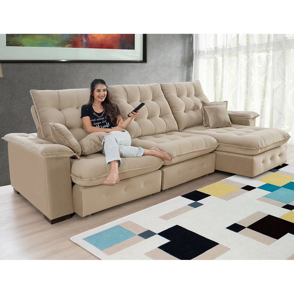 Sofá Coliseu 3,10m Retrátil e Reclinável Super Pillow - Bege