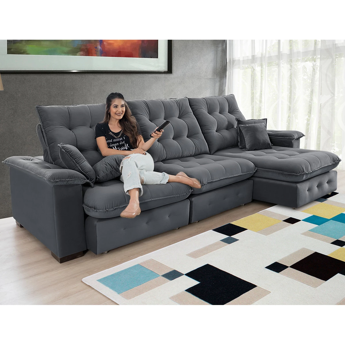 Sofá Coliseu 3,10m Retrátil e Reclinável Super Pillow - Chumbo