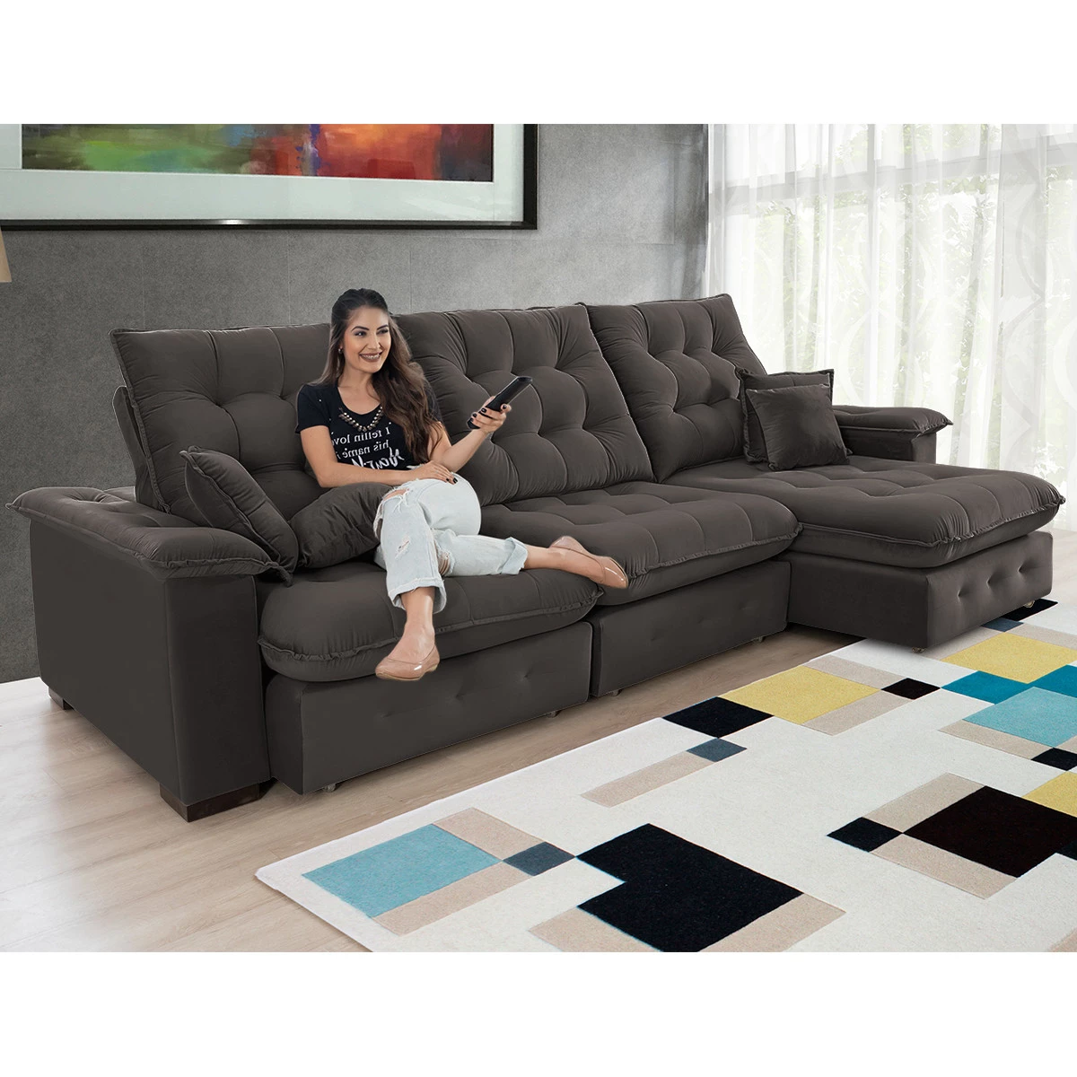 Sofá Coliseu 3,10m Retrátil e Reclinável Super Pillow - Marrom
