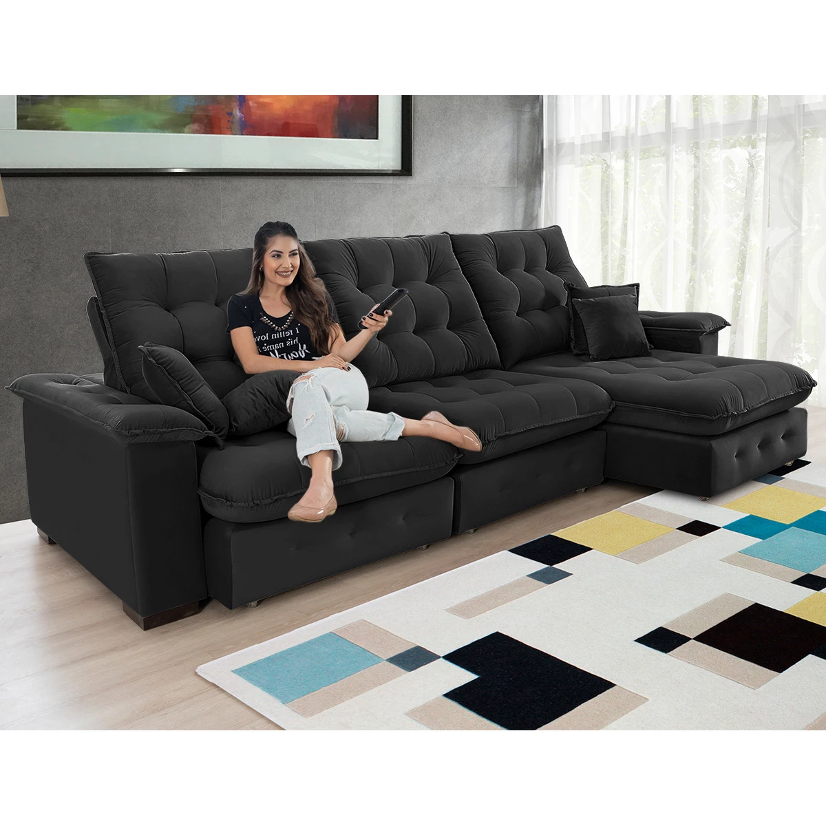 Sofá Coliseu 3,10m Retrátil e Reclinável Super Pillow - Preto