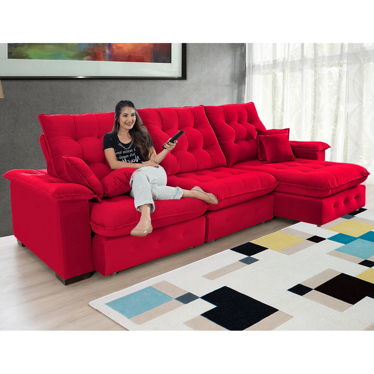 Sofá Coliseu 3,10m Retrátil e Reclinável Super Pillow - Vermelho