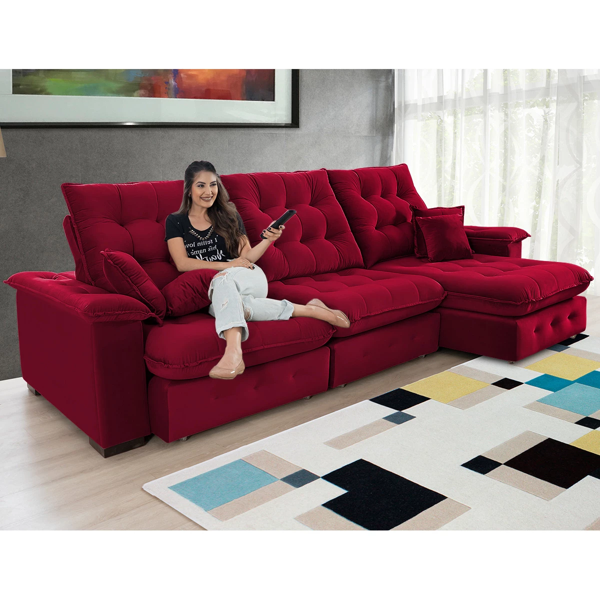 Sofá Coliseu 3,10m Retrátil e Reclinável Super Pillow - Vinho