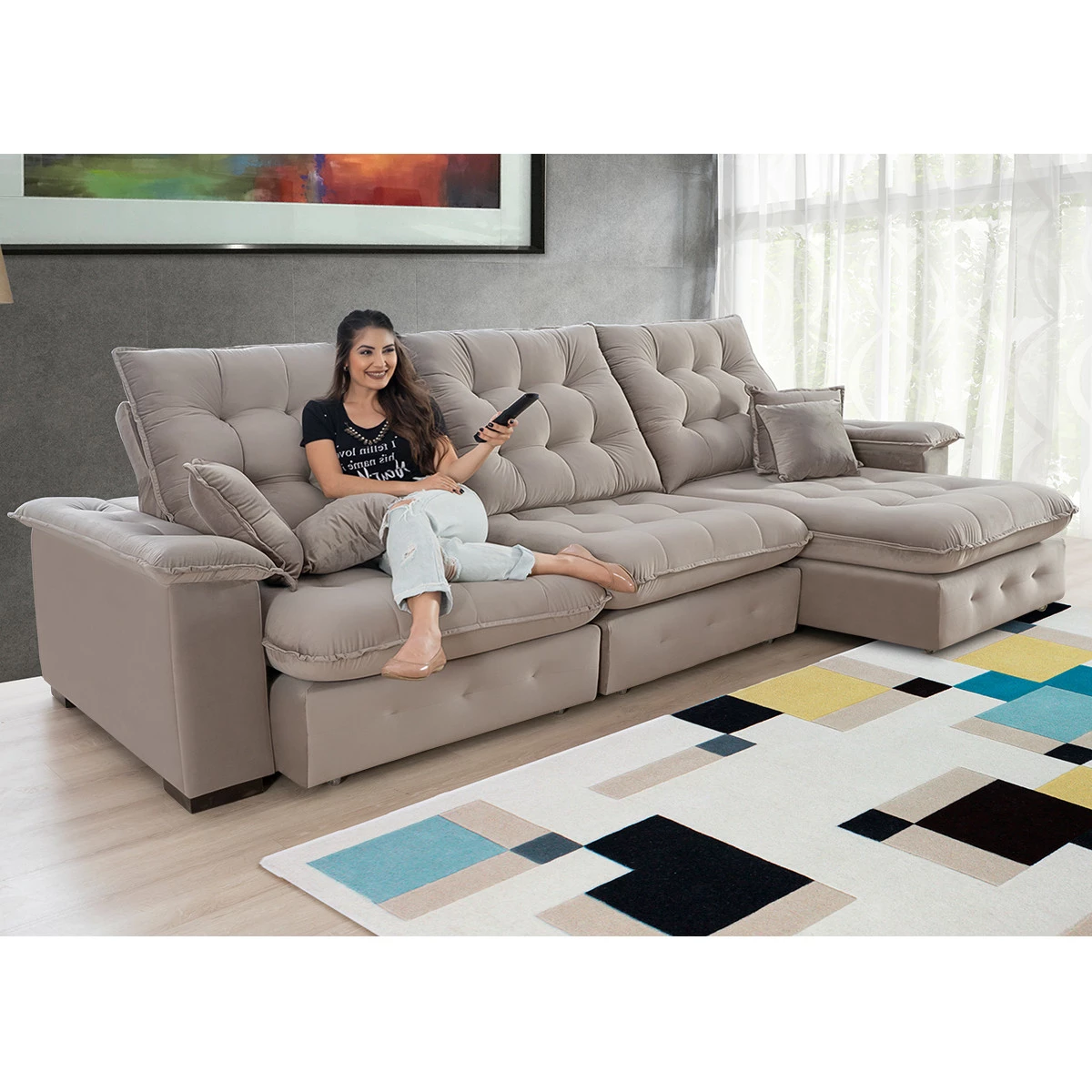 Sofá Coliseu 3,40m Retrátil e Reclinável Super Pillow - Avelã