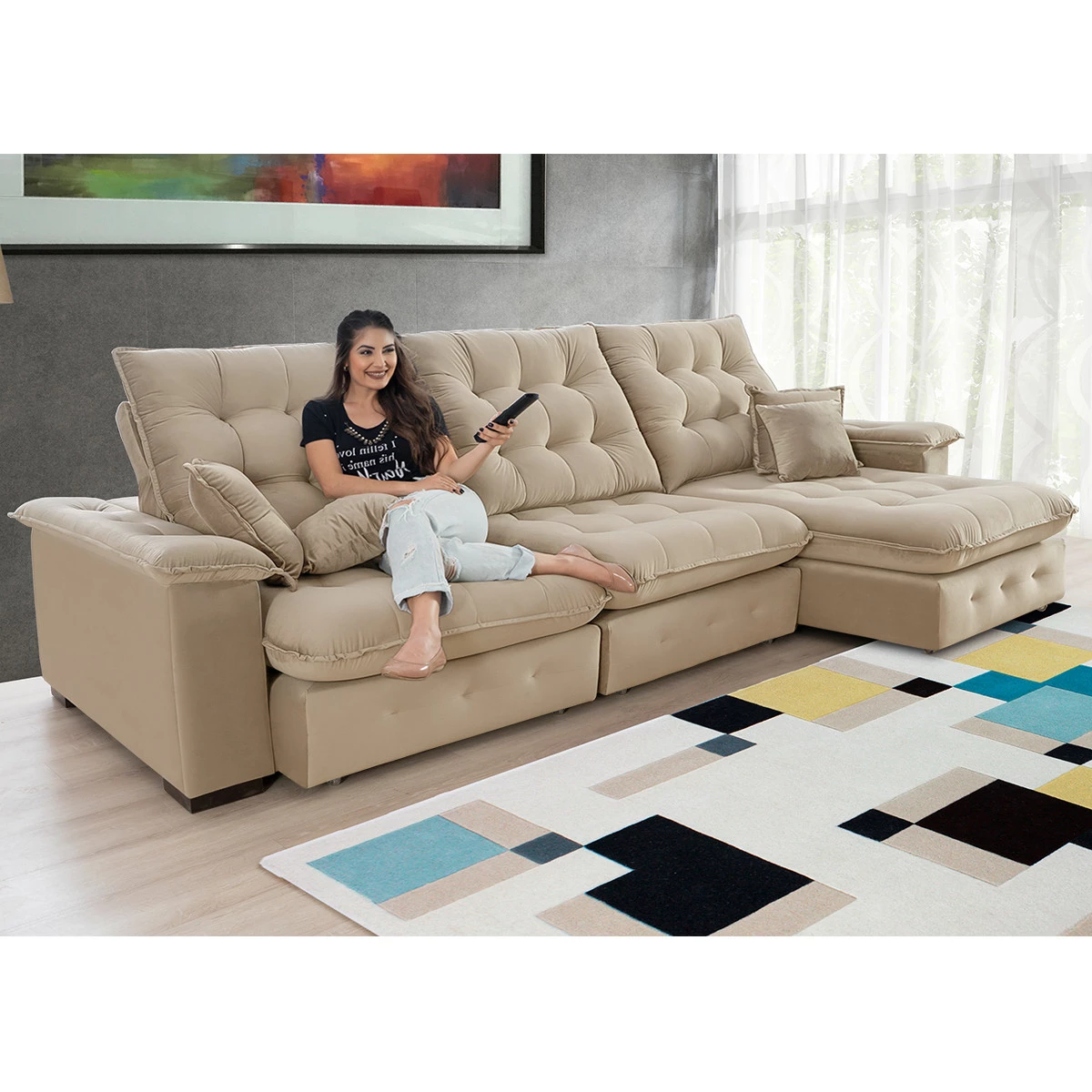 Sofá Coliseu 3,40m Retrátil e Reclinável Super Pillow - Bege