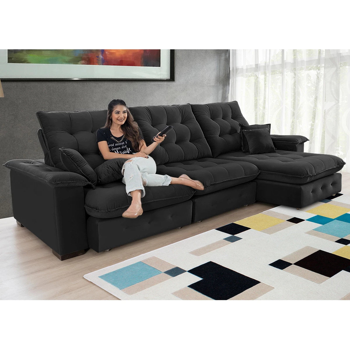 Sofá Coliseu 3,40m Retrátil e Reclinável Super Pillow - Preto