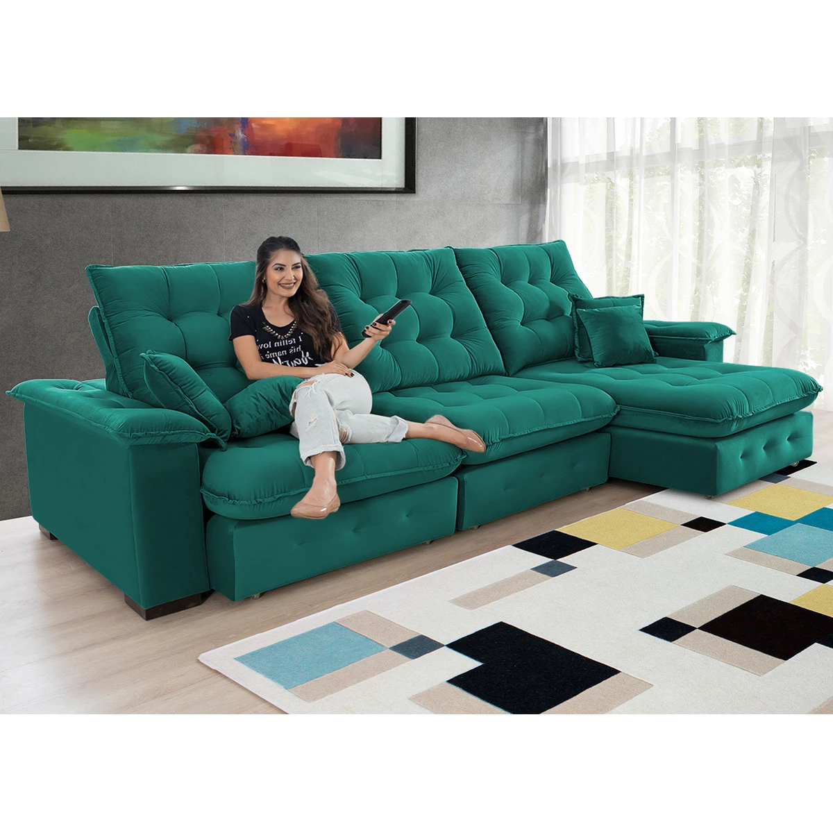 Sofá Coliseu 3,40m Retrátil e Reclinável Super Pillow - Verde