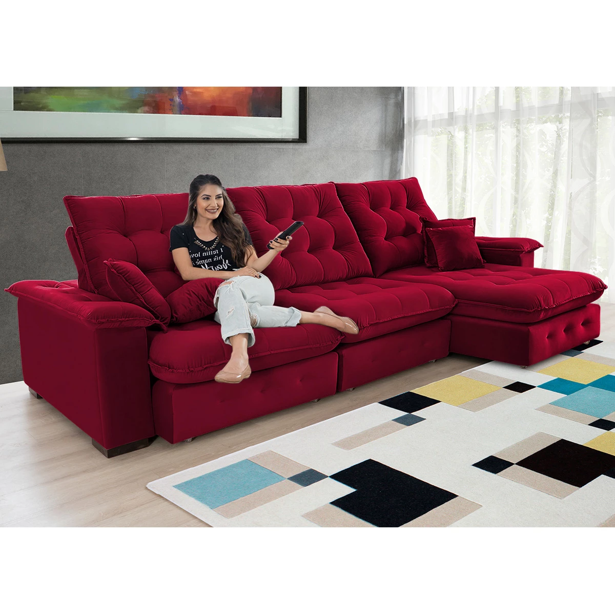 Sofá Coliseu 3,40m Retrátil e Reclinável Super Pillow - Vinho