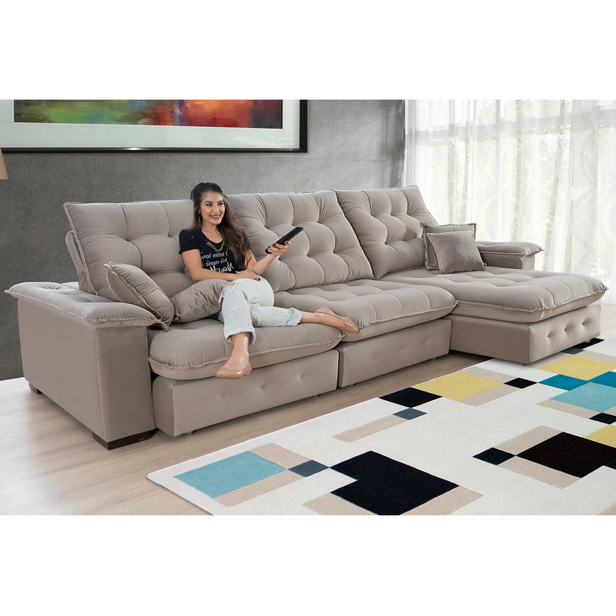 Sofá Coliseu 3,70m Retrátil e Reclinável Super Pillow - Avelã