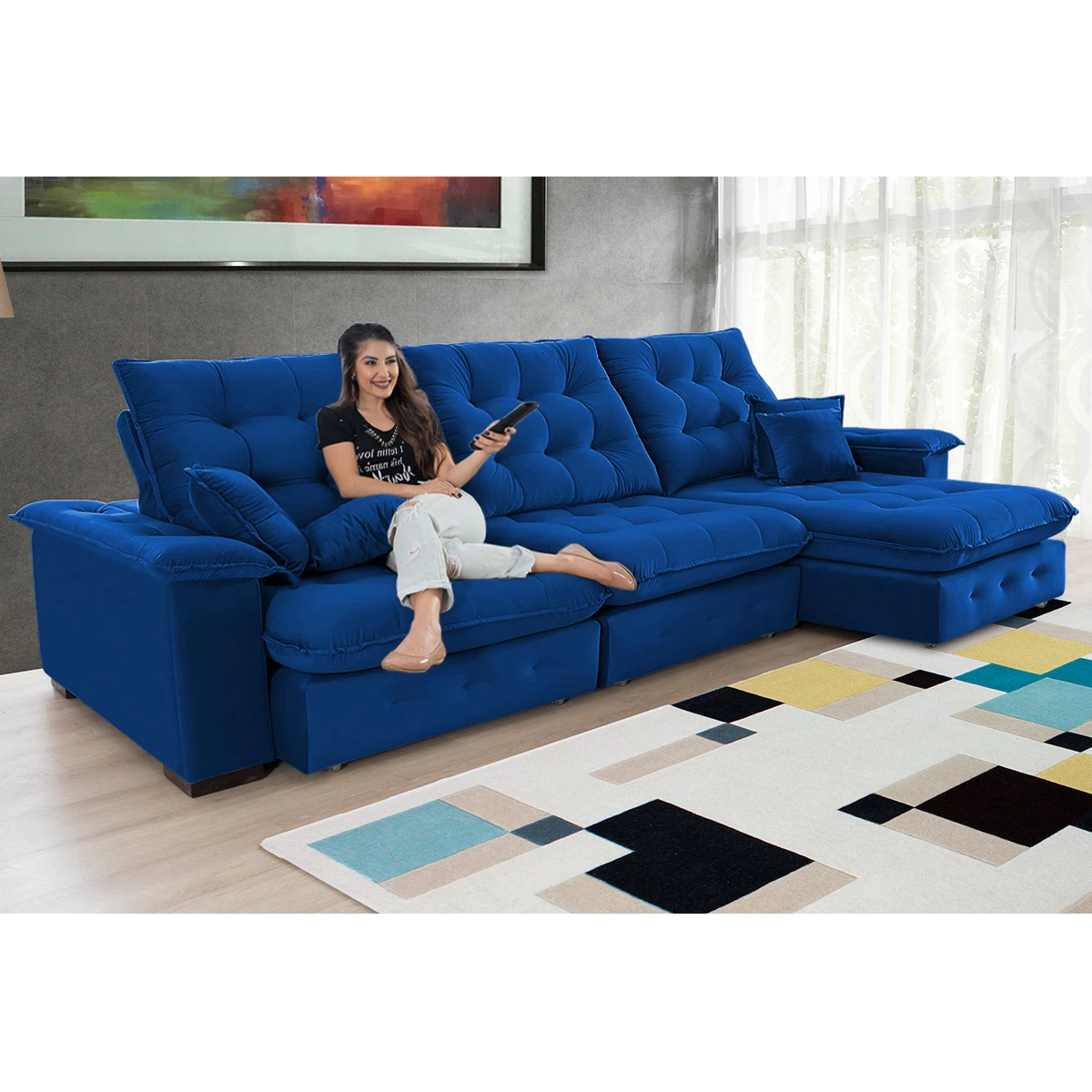 Sofá Coliseu 3,70m Retrátil e Reclinável Super Pillow - Azul