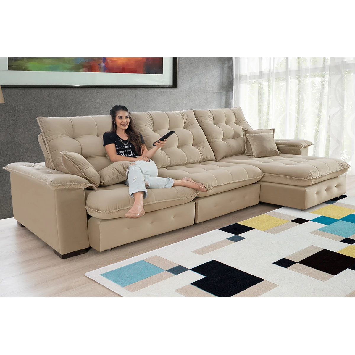 Sofá Coliseu 3,70m Retrátil e Reclinável Super Pillow - Bege
