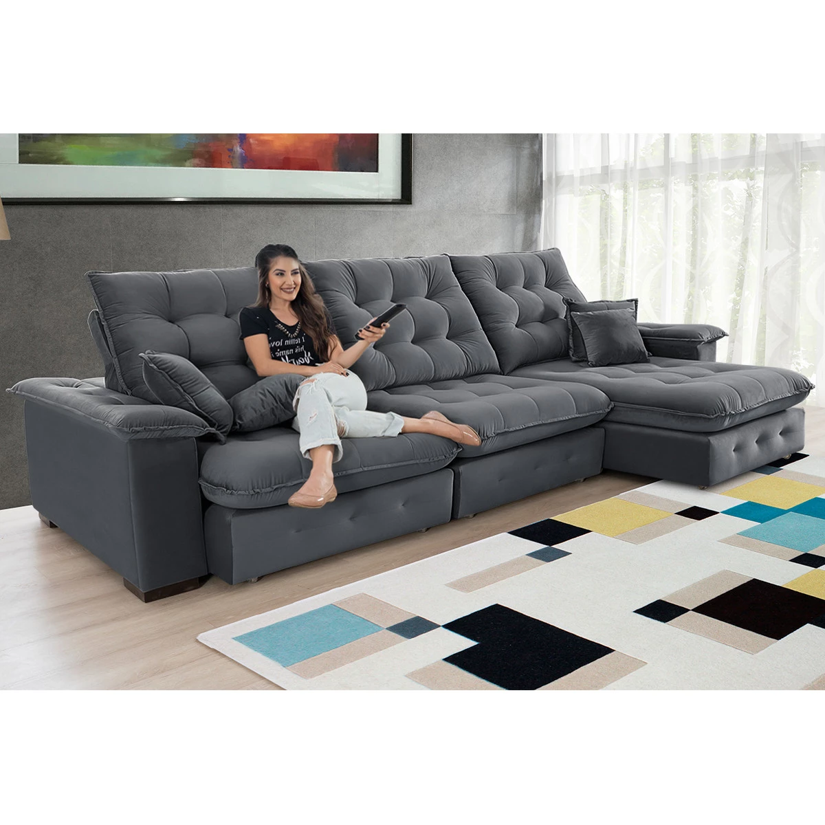 Sofá Coliseu 3,70m Retrátil e Reclinável Super Pillow - Chumbo