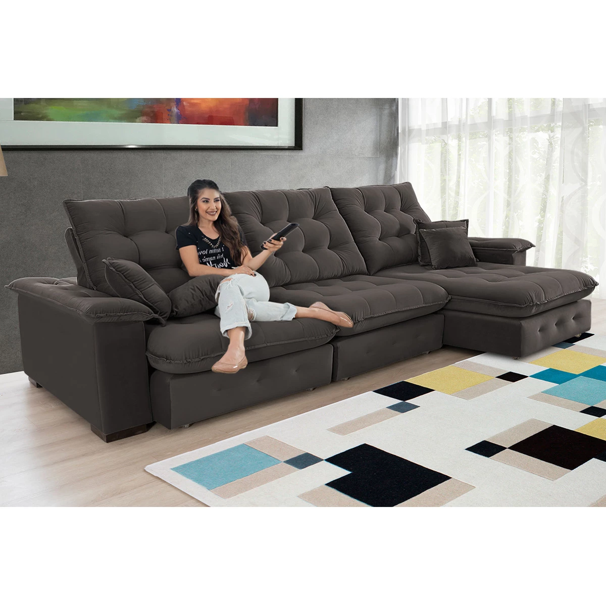 Sofá Coliseu 3,70m Retrátil e Reclinável Super Pillow - Marrom