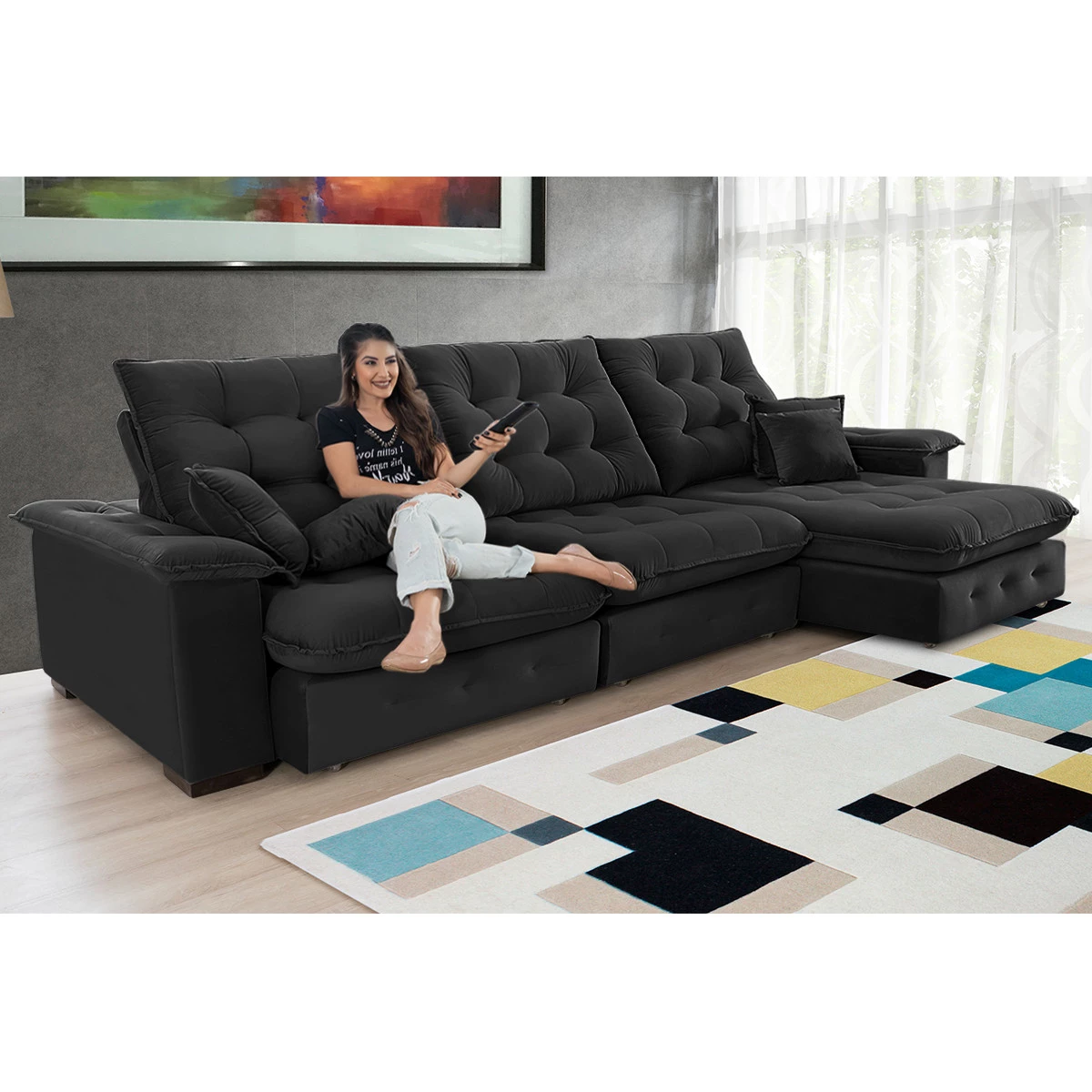 Sofá Coliseu 3,70m Retrátil e Reclinável Super Pillow - Preto