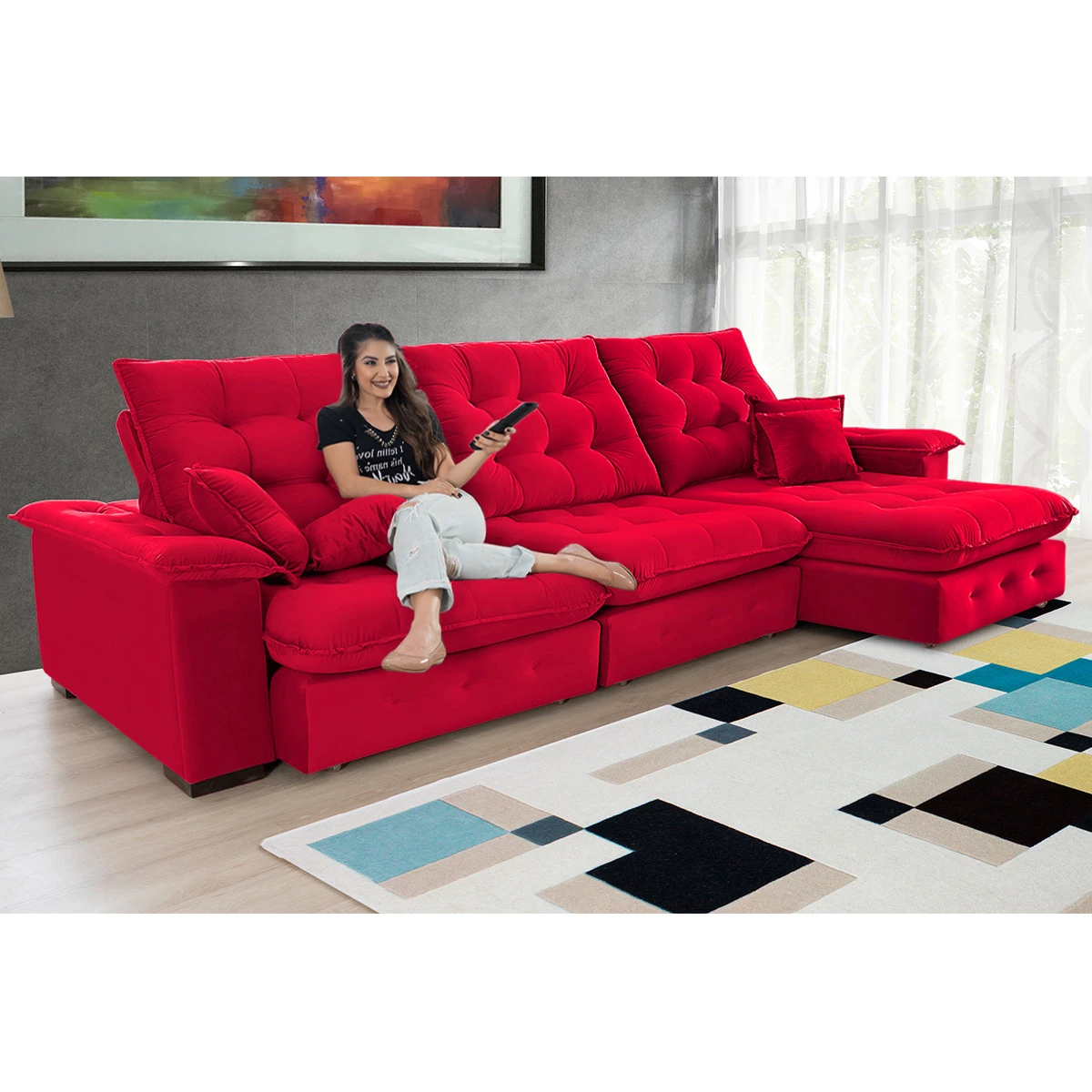 Sofá Coliseu 3,70m Retrátil e Reclinável Super Pillow - Vermelho