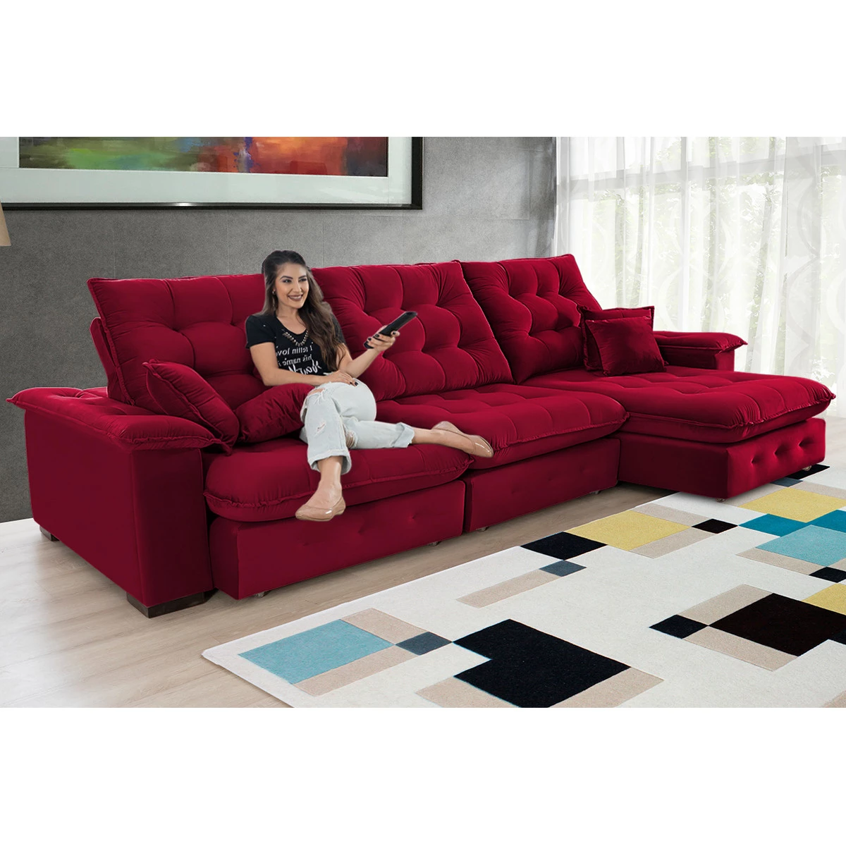 Sofá Coliseu 3,70m Retrátil e Reclinável Super Pillow - Vinho