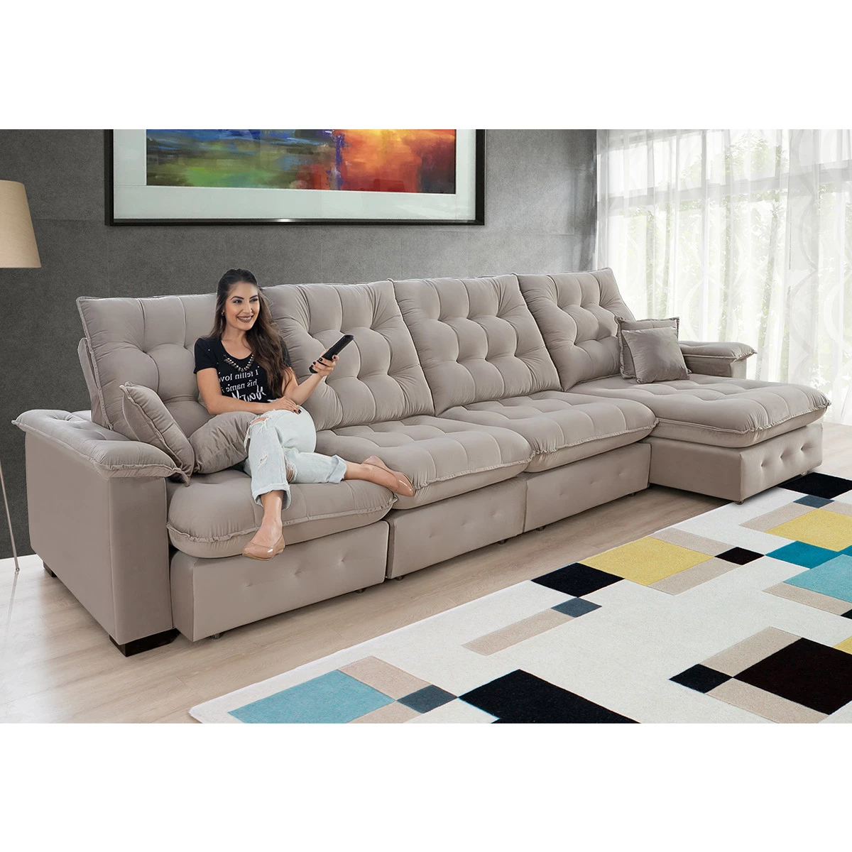 Sofá Coliseu 4,00m Retrátil e Reclinável Super Pillow - Avelã