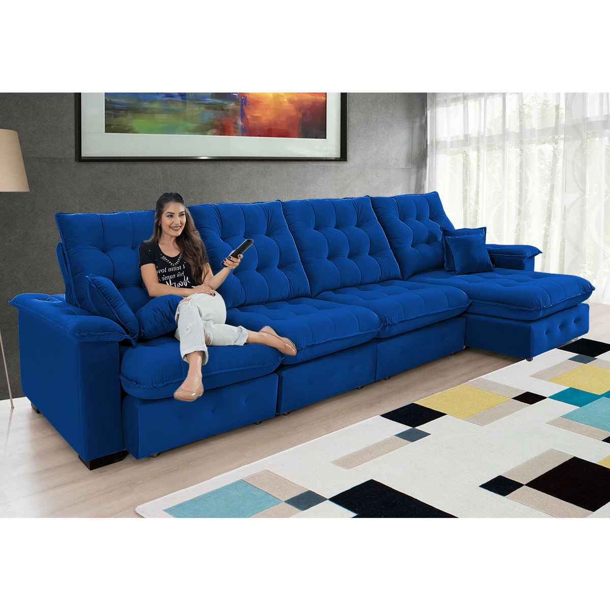 Sofá Coliseu 4,00m Retrátil e Reclinável Super Pillow - Azul
