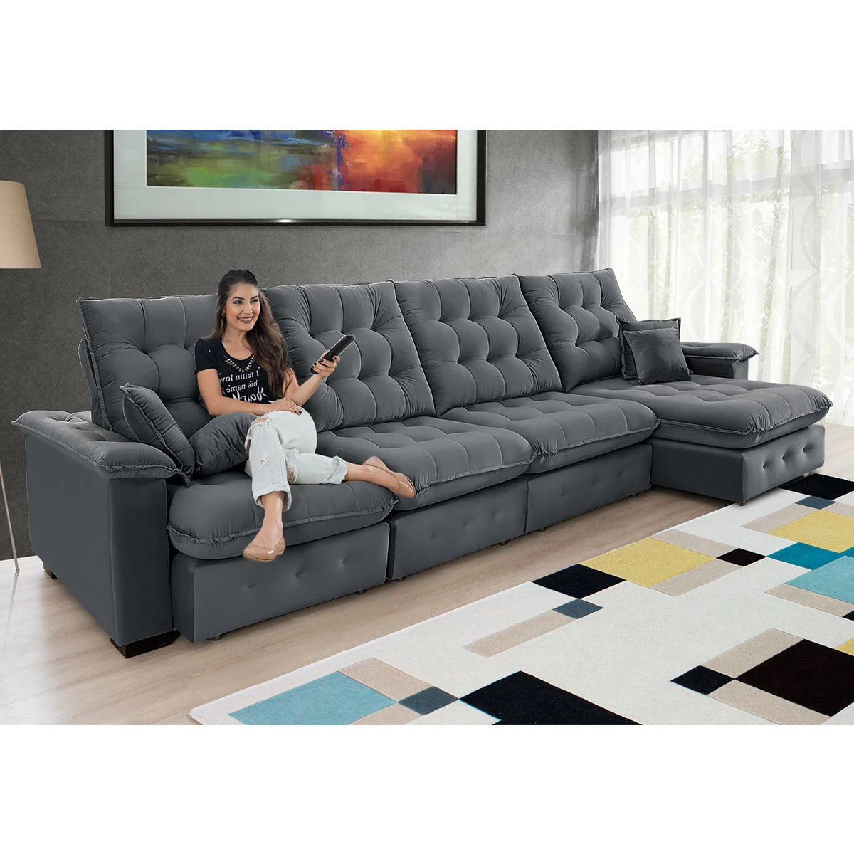 Sofá Coliseu 4,00m Retrátil e Reclinável Super Pillow - Chumbo