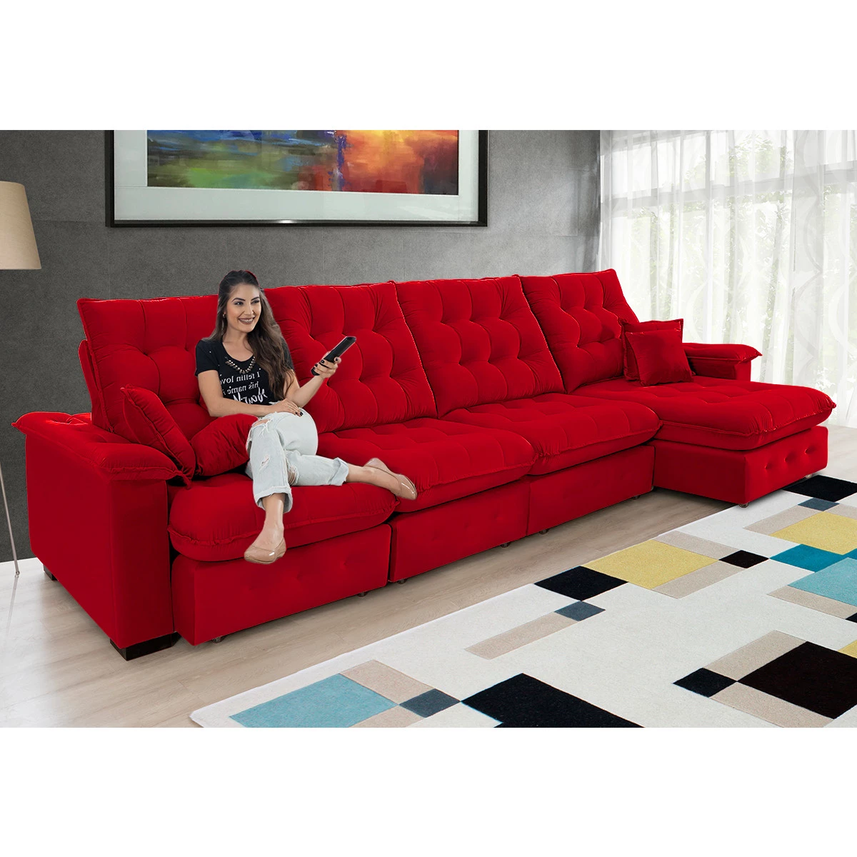 Sofá Coliseu 4,00m Retrátil e Reclinável Super Pillow - Vermelho