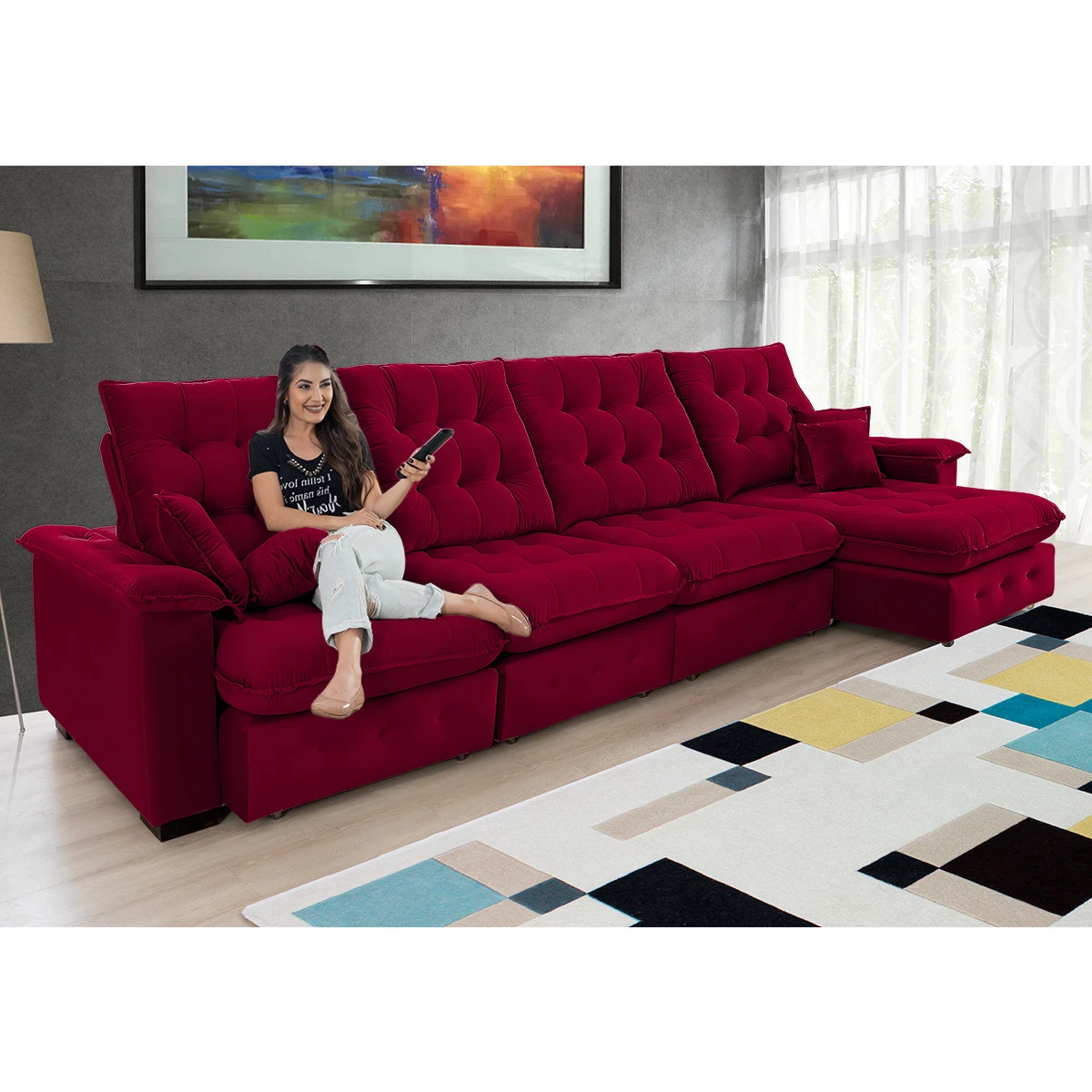 Sofá Coliseu 4,00m Retrátil e Reclinável Super Pillow - Vinho