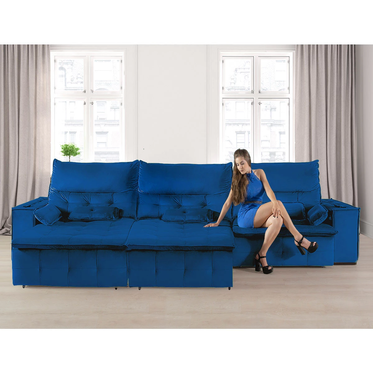 Sofá Fusion 3,30m Elétrico com USB e Vibro Massagem - Azul