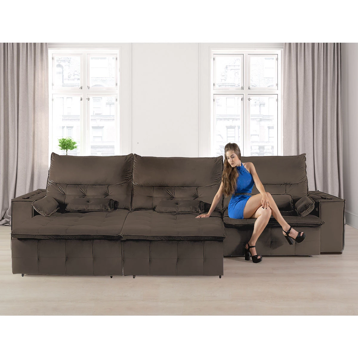 Sofá Fusion 3,30m Elétrico com USB e Vibro Massagem - Marrom